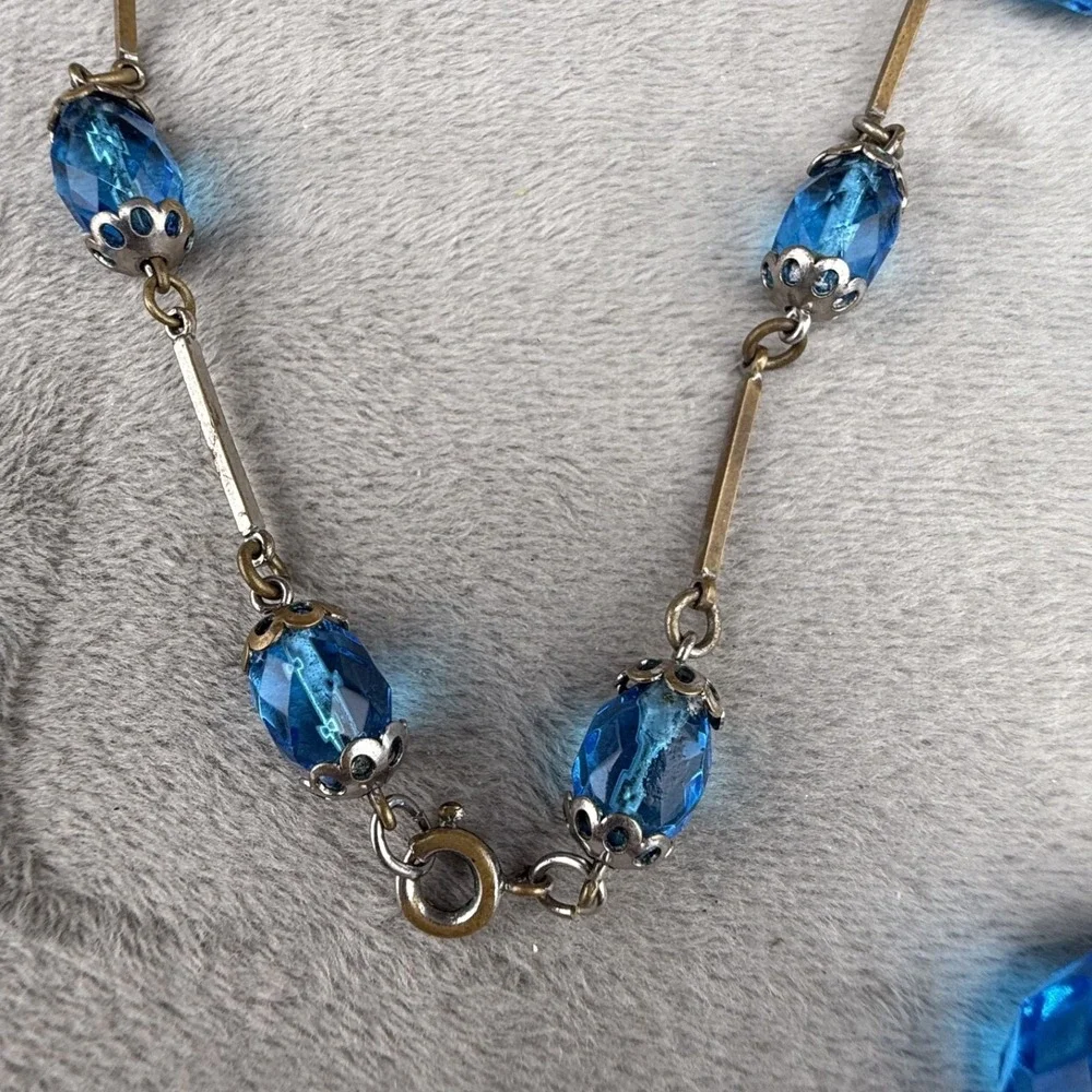Vintage Statement Necklace Silver‎ Tone Blue Rhinestone 22